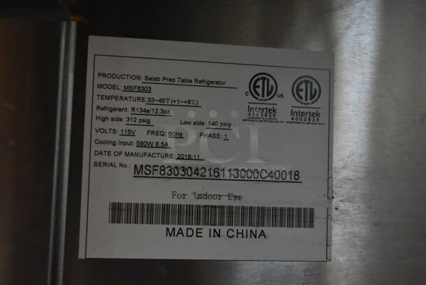 2016 Turbo Air MSF8303 Stainless Steel Commercial Sandwich Salad Prep Table Bain Marie w/ Sneeze Guard on Commercial Casters. 115 Volts, 1 Phase. Tested and Working! - Image 7 of 8