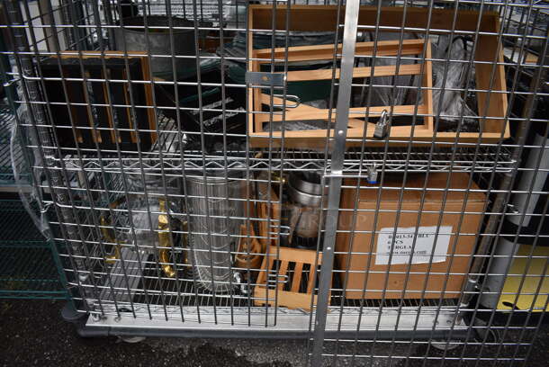 ALL ONE MONEY! Lot of Chrome Finish 5 Tier Shelving Unit on Commercial Casters w/ Liquor Cage and All Contents Including Metal Pitchers, White Ceramic Plates. BUYER MUST DISMANTLE. PCI CANNOT DISMANTLE FOR SHIPPING. PLEASE CONSIDER FREIGHT CHARGES. 49x25x68 - Image 6 of 7