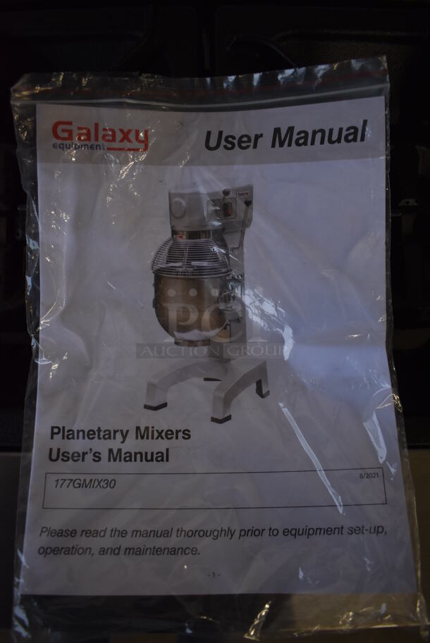 BRAND NEW SCRATCH AND DENT! Galaxy 177GMIX30 Metal Commercial Floor Style 30 Quart Planetary Dough Mixer w/ Stainless Steel Mixing Bowl, Bowl Guard, Dough Hook, Balloon Whisk and Paddle Attachments. 110 Volts, 1 Phase. 20x26x48. Tested and Working! - Image 8 of 11