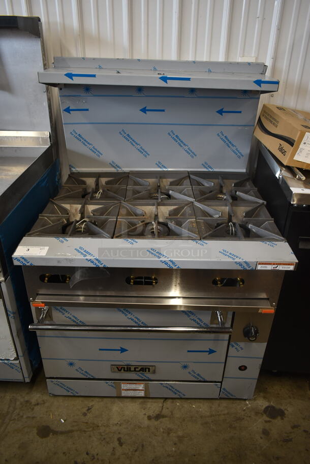 BRAND NEW SCRATCH AND DENT! Vulcan 36S-6BN Stainless Steel Commercial Natural Gas Powered 6 Burner Range w/ Oven, Over Shelf and Back Splash.  - Image 1 of 12