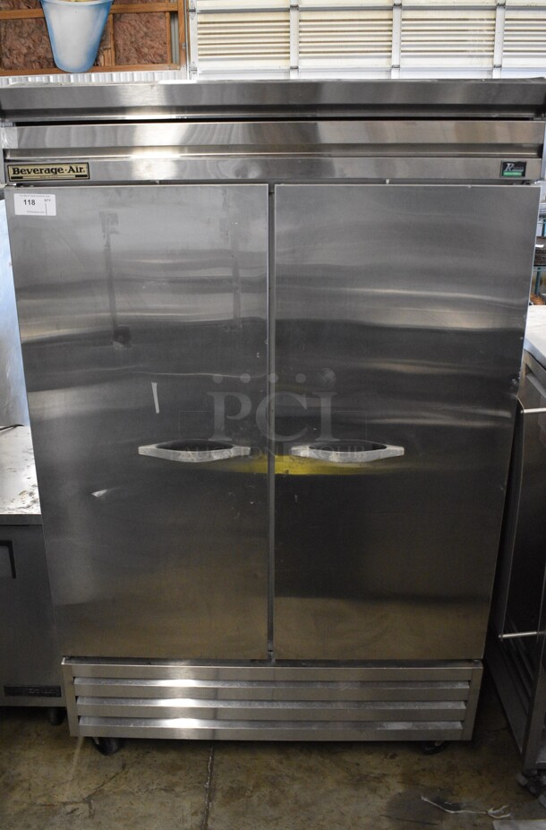 Beverage Air Model RR49-1AS Stainless Steel Commercial 2 Door Reach In Cooler w/ Poly Coated Racks on Commercial Casters. 115 Volts, 1 Phase. 52x33x83. Tested and Working!