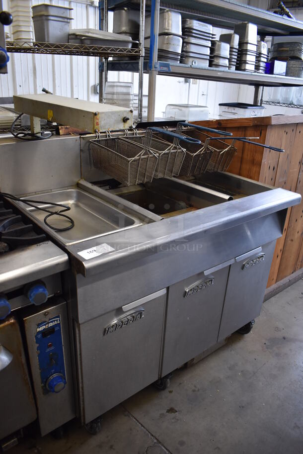 Imperial IFSCB250T Stainless Steel Commercial Natural Gas Powered 2 Bay Deep Fat Fryer w/ Left Side Dumping Station and 4 Metal Fry Baskets on Commercial Casters. 280,000 BTU. 46.5x33.5x51.5 - Image 5 of 12