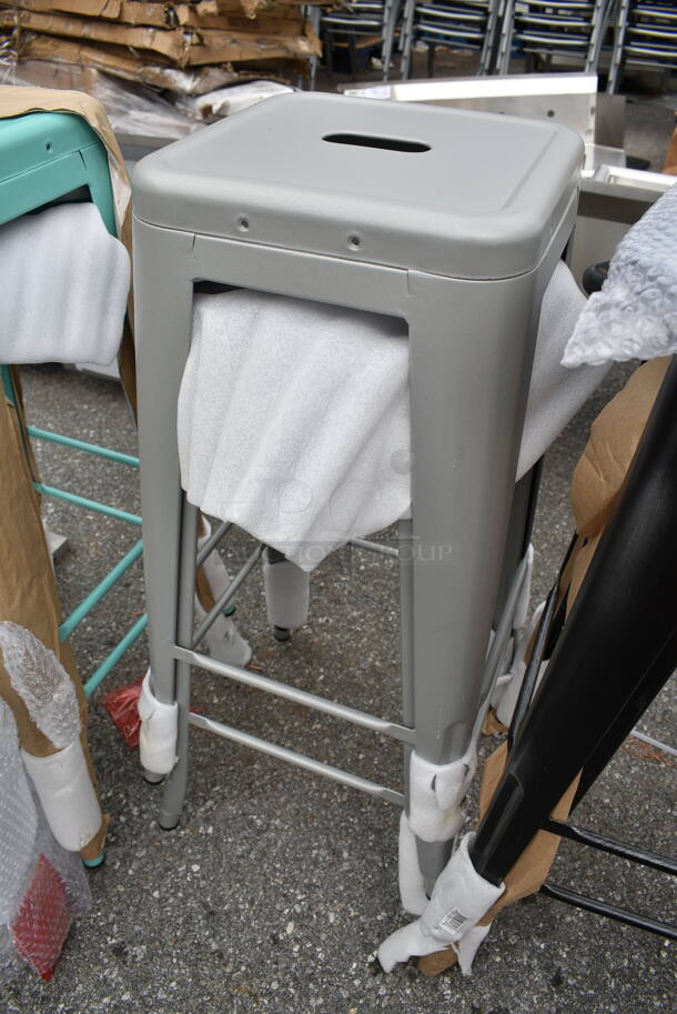 7 Various BRAND NEW SCRATCH AND DENT! Metal Bar Height Stools w/ 6 Back Rests; 2 Black, 3 Gray and 2 Seafoam Blue. 7 Times Your Bid! - Image 9 of 12