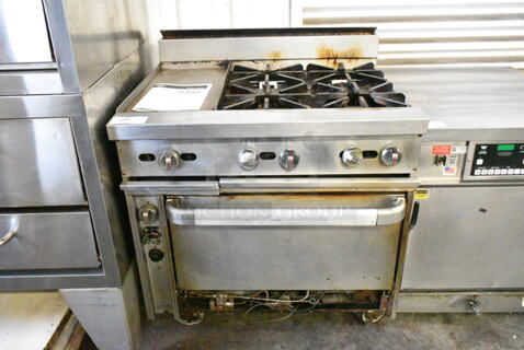 Stainless Steel Commercial Natural Gas Powered 4 Burner Range w/ Left Side Flat Top Griddle and Convection Oven on Commercial Casters. 