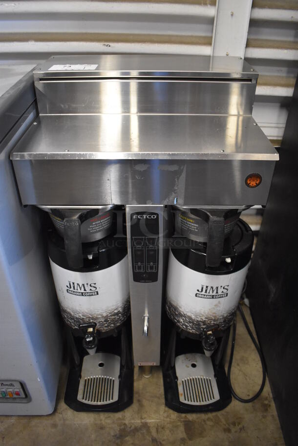 Fetco Stainless Steel Commercial Countertop Coffee Machine w/ 2 Metal Brew Baskets and 2 Satellite Servers. 19x19x34.5
