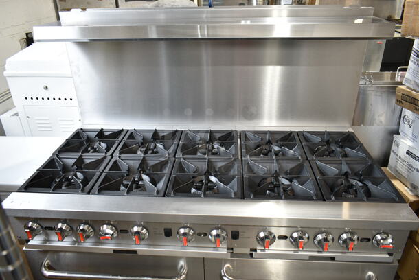 BRAND NEW SCRATCH AND DENT! Cooking Performance Group CPG 351CC60N Stainless Steel Commercial Natural Gas 10 Burner 60" Range with 2 Convection Ovens, Over Shelf and Back Splash. 360,000 BTU - Image 3 of 11