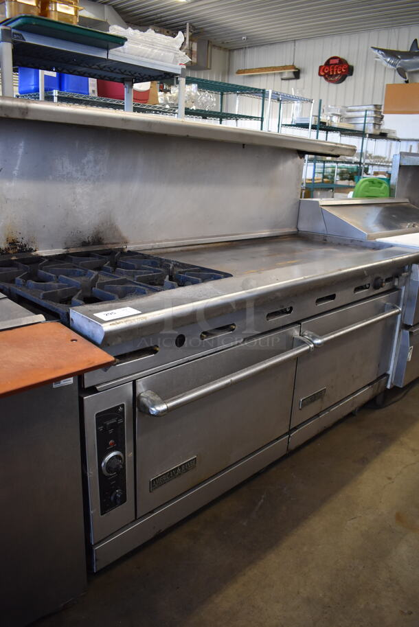 American Range Stainless Steel Commercial Natural Gas Powered 4 Burner Range w/ Flat Top, Oven, Convection Oven, Over Shelf and Back Splash on Commercial Casters. 72x33x57