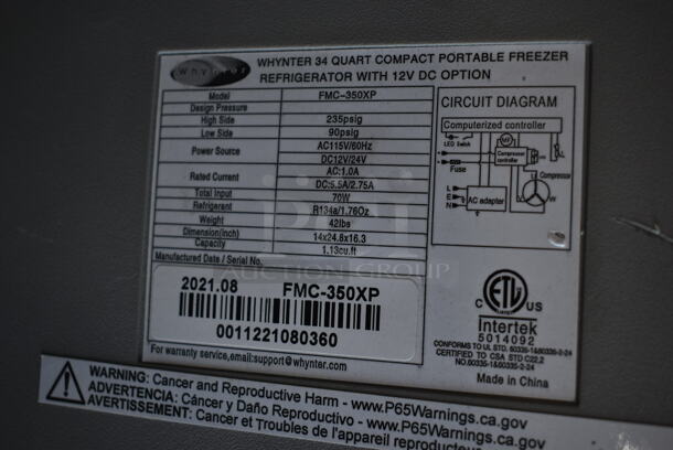 BRAND NEW SCRATCH AND DENT! Whynter FMC-350XP Metal Countertop 34 Quart Compact Portable Freezer Refrigerator. 115 Volts, 1 Phase. Tested and Working! - Image 7 of 7