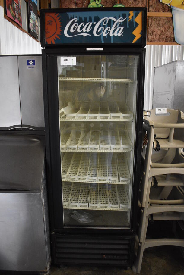 True Model GDM-23 Metal Commercial Single Door Reach In Cooler Merchandiser w/ Poly Coated Racks on Commercial Casters. 115 Volts, 1 Phase. 27x30x81. Tested and Powers On But Temps at 51 Degrees
