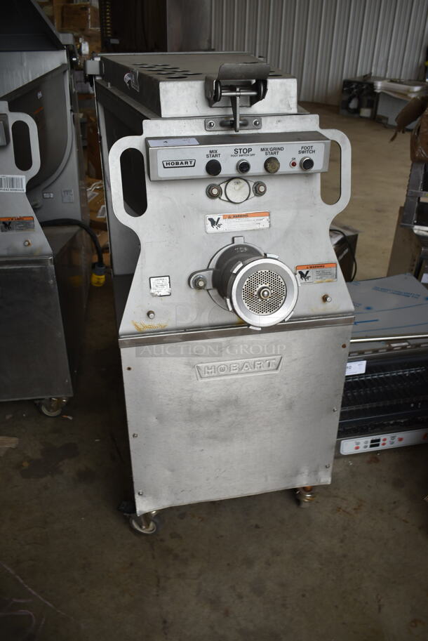2017 Hobart MG2032 Metal Commercial Floor Style Electric Powered Meat Mixer Grinder w/ Foot Pedal on Commercial Casters. 208 Volts, 3 Phase. Tested and Working!