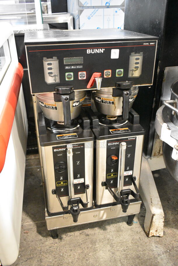 Bunn DUAL SH DBC Stainless Steel Commercial Countertop Double Coffee Machine w/ Hot Water Dispenser, 2 Metal Brew Baskets and 2 Satellite Servers. 120/240 Volts, 1 Phase.  - Image 1 of 11
