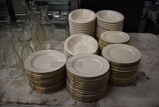 ALL ONE MONEY! Lot of Items on Tabletop Including Ceramic Plates, Glasses, Whisk Attachment and Metal Bowls. - Image 6 of 8