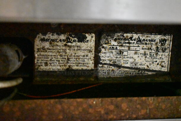 American Range AR-4 Stainless Steel Commercial Natural Gas Powered 4 Burner Range w/ Oven and Back Splash on Commercial Casters. - Image 6 of 6