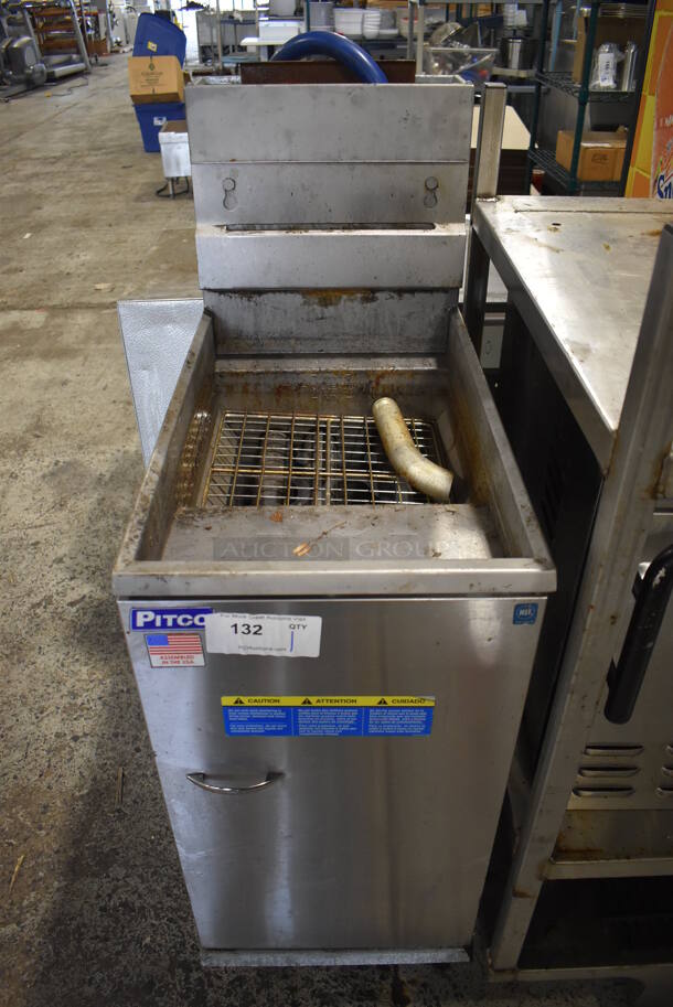 2012 Pitco Frialator 35C Stainless Steel Commercial Floor Style Natural Gas Powered Deep Fat Fryer on Commercial Casters. 90,000 BTU. 15.5x30x47