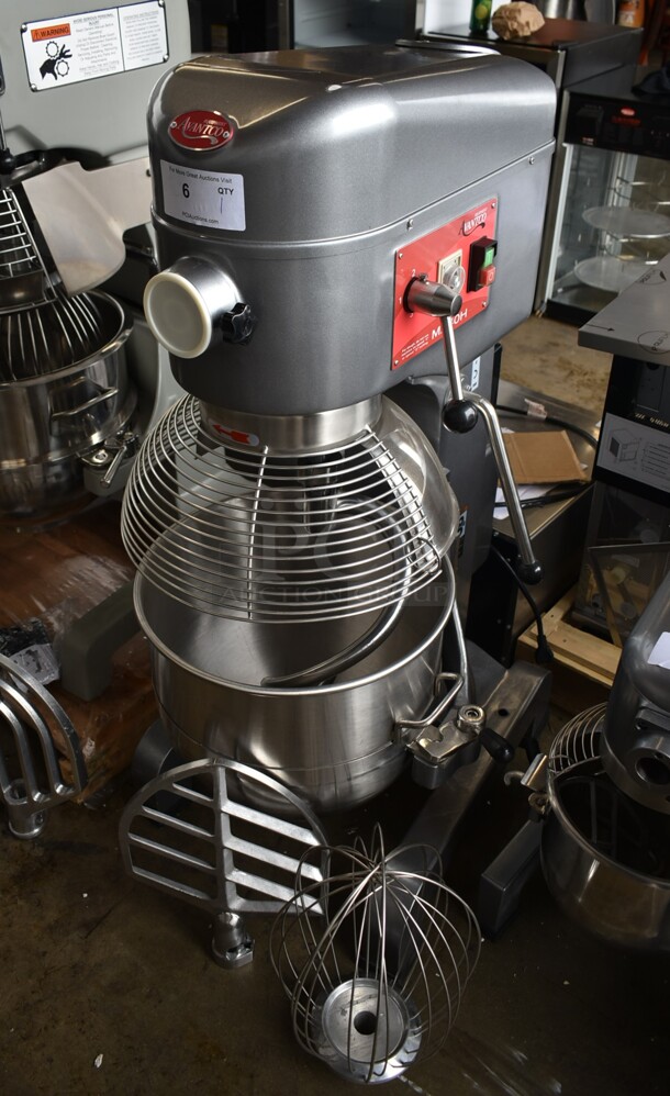 BRAND NEW SCRATCH AND DENT! Avantco 177MX40H Metal Commercial Floor Style 40 Quart Planetary Dough Mixer w/ Stainless Steel Mixing Bowl, Bowl Guard, Dough Hook, Paddle and Whisk Attachments. 240 Volts, 1 Phase.  - Image 1 of 11