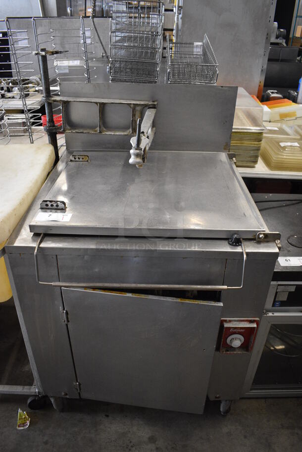 Belshaw Stainless Steel Commercial Natural Gas Powered Floor Style Donut Fryer w/ Donut Dropper Hopper Arm. 75,000 BTU. 30x32x52