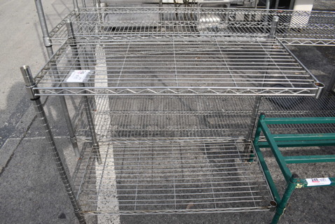 Chrome Finish 2 Tier Wire Shelving Unit. BUYER MUST DISMANTLE. PCI CANNOT DISMANTLE FOR SHIPPING. PLEASE CONSIDER FREIGHT CHARGES. Missing 1 Pole. 36x18x33.5