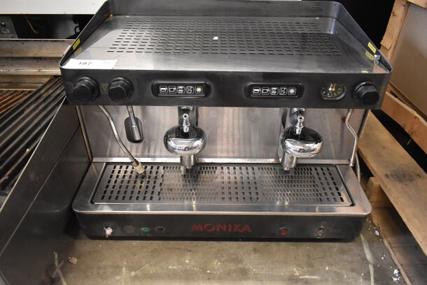 Monika Stainless Steel Commercial Countertop 2 Group Espresso Machine w. 2 Steam Wands. 220 Volts.  - Image 1 of 5