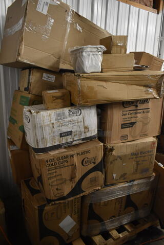 PALLET LOT of 32 BRAND NEW! Boxes Including 3 Box 500CC9 Choice 9 oz. Clear PET Customizable Plastic Squat Cold Cup - 1000/Case, 2 Box 795PLAKFT4 EcoChoice 7 7/8" x 5 1/2" x 3 1/2" Kraft PLA Lined Compostable #4 Take-Out Container - 160/Case, 347RSG2 Choice 2 oz. Clear Plastic Shot Glass - 2500/Case, Carlisle 38655  Coldmaster Ice Cream Shroud for Coldmaster 3 Gallon Cold Crock, Choice 10 oz. Clear PET Plastic Cold Cup - 1000/Case, 129MCS28W Choice 28 oz. White 8 3/4" x 6 1/4" x 1 3/4" Rectangular Microwavable Heavy Weight Container with Lid - 150/Case, 24713622 Vigor Drop In Bins, 164HIGHCWN Lancaster Table & Seating Assembled Standard Height Wooden High Chair with Walnut Finish, 129MCR24B Choice 24 oz. Black Round Microwavable Heavy Weight Container with Lid 7 1/4" - 150/Case. 32 Times Your Bid!
