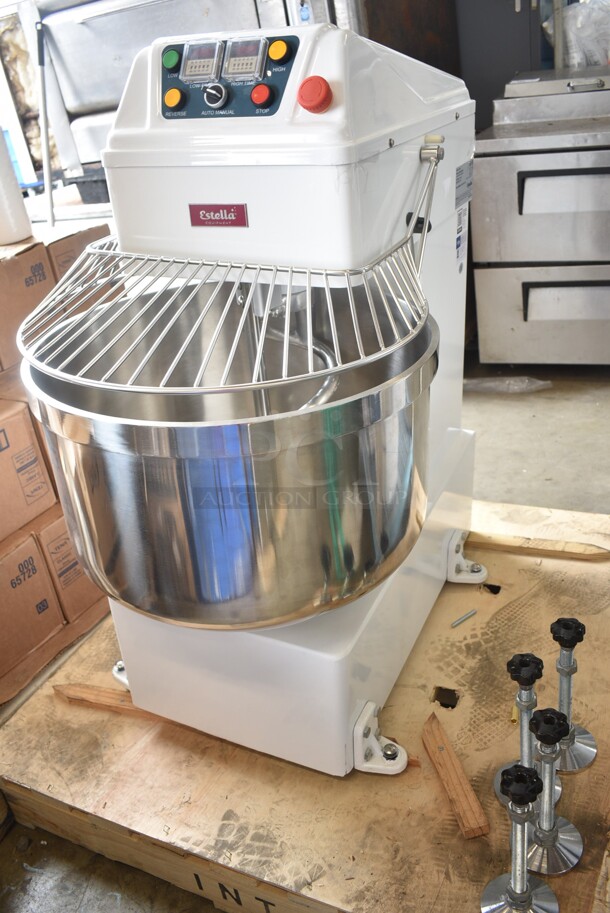 BRAND NEW SCRATCH AND DENT! Estella 348SM80 Metal Commercial 80 Quart / 120 Pound Two-Speed Spiral Dough Mixer w/ Stainless Steel Mixing Bowl, Bowl Guard and Dough Hook. 220 Volts. Tested and Working! - Image 3 of 10