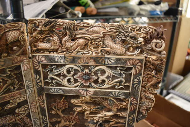 EXTREMELY RARE! ANTIQUE! Authentic 100+ Year Old Hand Carved Solid Ivory Decorative Screen w/ Dragon Motif. - Image 5 of 11