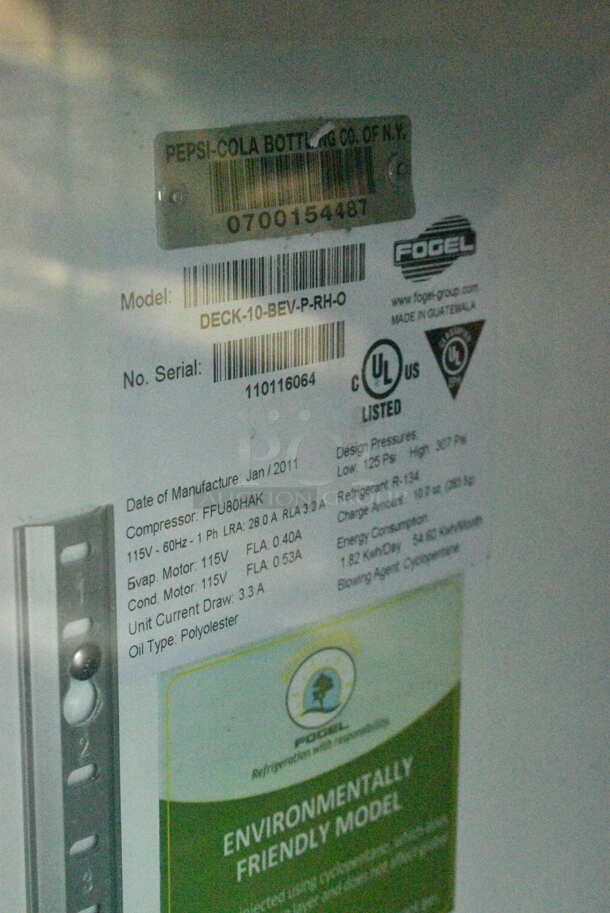 Fogel DECK-10-BEV-P-RH-O Metal Commercial Single Door Reach In Cooler Merchandiser. 115 Volts, 1 Phase. Tested and Powers On But Does Not Get Cold - Image 5 of 5