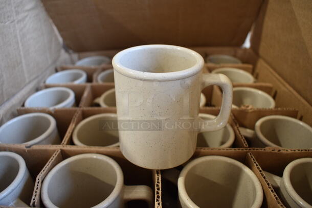 48 BRAND NEW IN BOX! White Brown Speckled Poly Mugs. 4x3x4. 48 Times Your Bid!