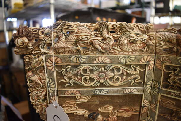 EXTREMELY RARE! ANTIQUE! Authentic 100+ Year Old Hand Carved Solid Ivory Decorative Screen w/ Dragon Motif. - Image 7 of 11