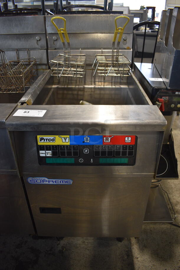 2018 Pitco SSH60W Commercial Stainless Steel Natural Gas Floor Fryer With 2 Frying Baskets On Commercial Casters. BTU 100,000