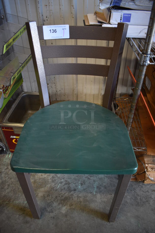 Brown Metal Dining Chair w/ Green Seat. 17x17x32