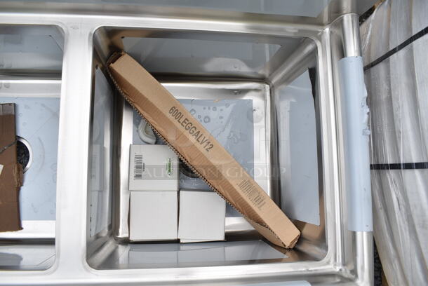 BRAND NEW SCRATCH AND DENT! Regency 600S31717 60" 16 Gauge Stainless Steel Three-Compartment Commercial Sink with Galvanized Steel Legs - 17" x 17" x 12" Bowls - Image 5 of 8