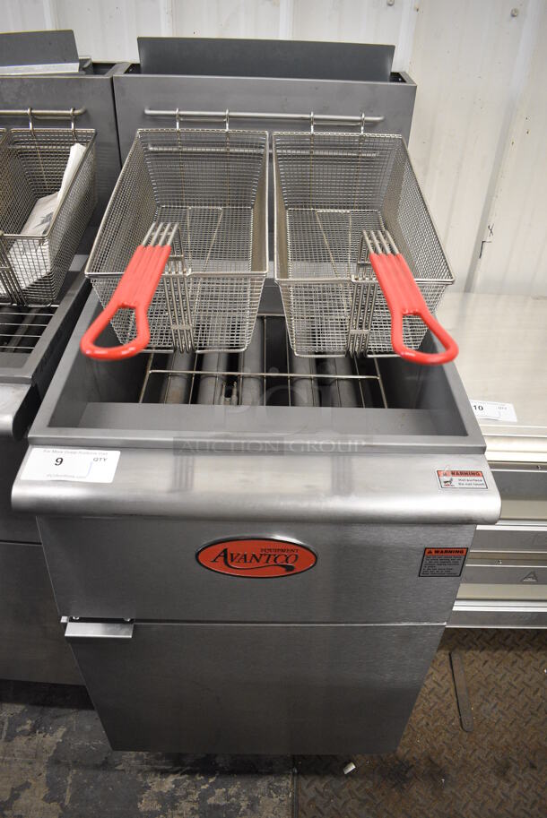 2021 Avantco Model FF518-N Stainless Steel Commercial Floor Style Propane Gas Powered 100 Pound Capacity Deep Fat Fryer w/ 2 Metal Fry Baskets on Commercial Casters. 120,000 BTU. 21x34x47