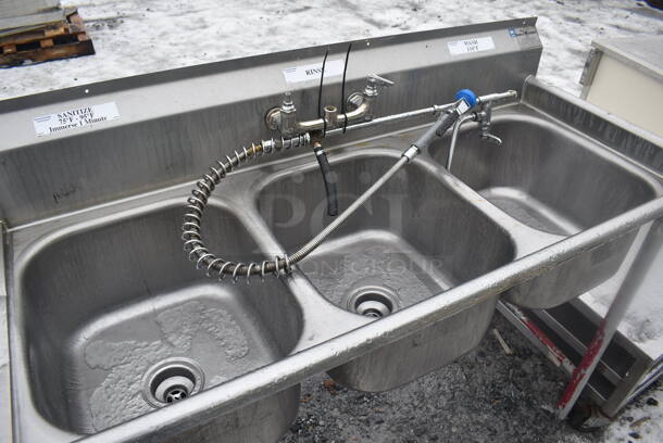 Eagle Stainless Steel Commercial 3 Bay Sink w/ Left Side Drain Board, Faucet, Handles and Spray Nozzle Attachment. 75x27x45. Bays 16x19x10. Drain Board 16x23x1 - Image 3 of 4