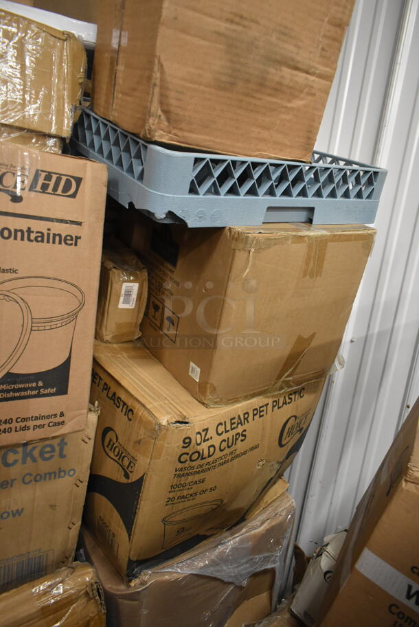 PALLET LOT of 32 BRAND NEW! Boxes Including 3 Box 500CC9 Choice 9 oz. Clear PET Customizable Plastic Squat Cold Cup - 1000/Case, 2 Box 795PLAKFT4 EcoChoice 7 7/8" x 5 1/2" x 3 1/2" Kraft PLA Lined Compostable #4 Take-Out Container - 160/Case, 347RSG2 Choice 2 oz. Clear Plastic Shot Glass - 2500/Case, Carlisle 38655  Coldmaster Ice Cream Shroud for Coldmaster 3 Gallon Cold Crock, Choice 10 oz. Clear PET Plastic Cold Cup - 1000/Case, 129MCS28W Choice 28 oz. White 8 3/4" x 6 1/4" x 1 3/4" Rectangular Microwavable Heavy Weight Container with Lid - 150/Case, 24713622 Vigor Drop In Bins, 164HIGHCWN Lancaster Table & Seating Assembled Standard Height Wooden High Chair with Walnut Finish, 129MCR24B Choice 24 oz. Black Round Microwavable Heavy Weight Container with Lid 7 1/4" - 150/Case. 32 Times Your Bid! - Image 7 of 12