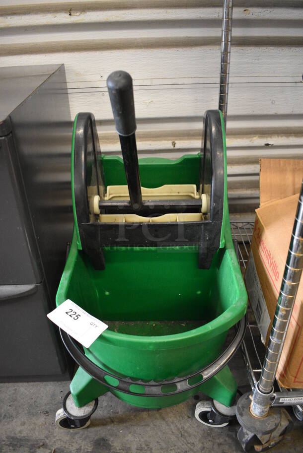 Green Poly Mop Bucket w/ Wringing Attachment on Casters. 15x22x32