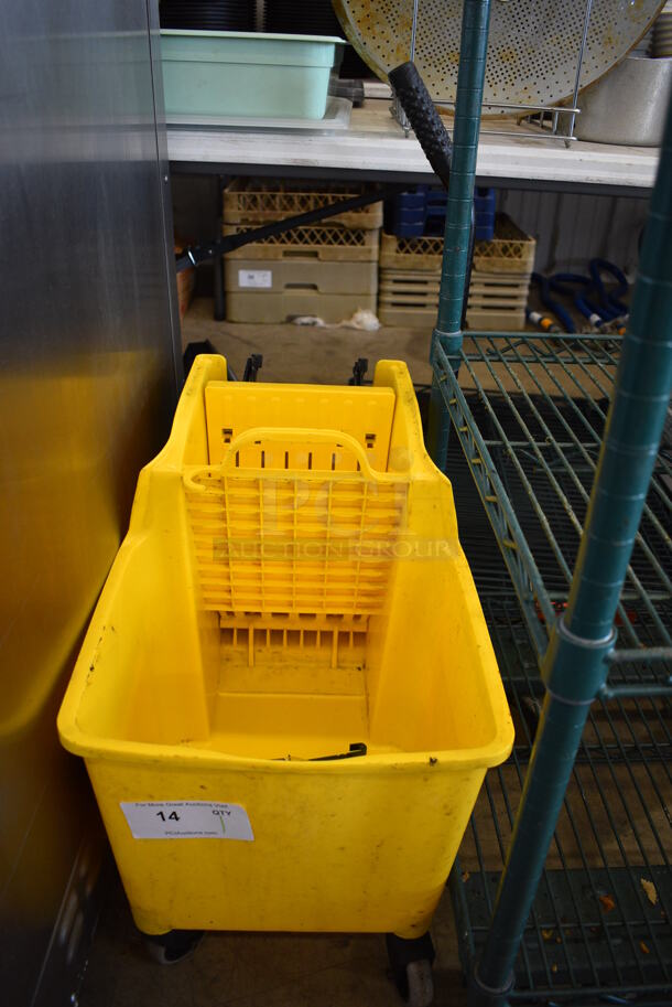 Yellow Poly Mop Bucket w/ Wringing Attachment on Commercial Casters. 14x22x32