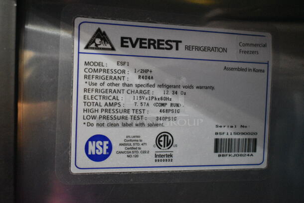 Everest ESF1 Stainless Steel Commercial Single Door Reach In Freezer. 115 Volts, 1 Phase. Tested and Powers On But Does Not Get Cold - Image 5 of 5