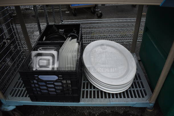 ALL ONE MONEY! Lot of 4 Tiers of Various Smallwares Including White Ceramic Plates, Sign and Poly Lids. Does Not Include Shelving Unit - Image 8 of 8