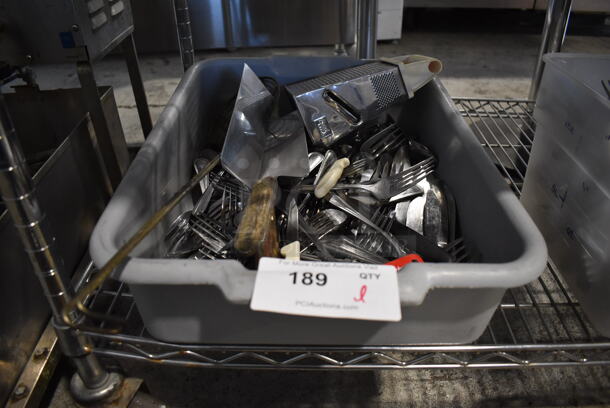 ALL ONE MONEY! Lot of Various Utensils Including Grater and Knives in Gray Poly Bus Bin