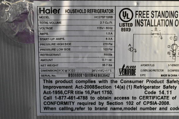 Haier HC27SF10RB Metal Mini Cooler. 115 Volts, 1 Phase. Tested and Does Not Power On - Image 5 of 5