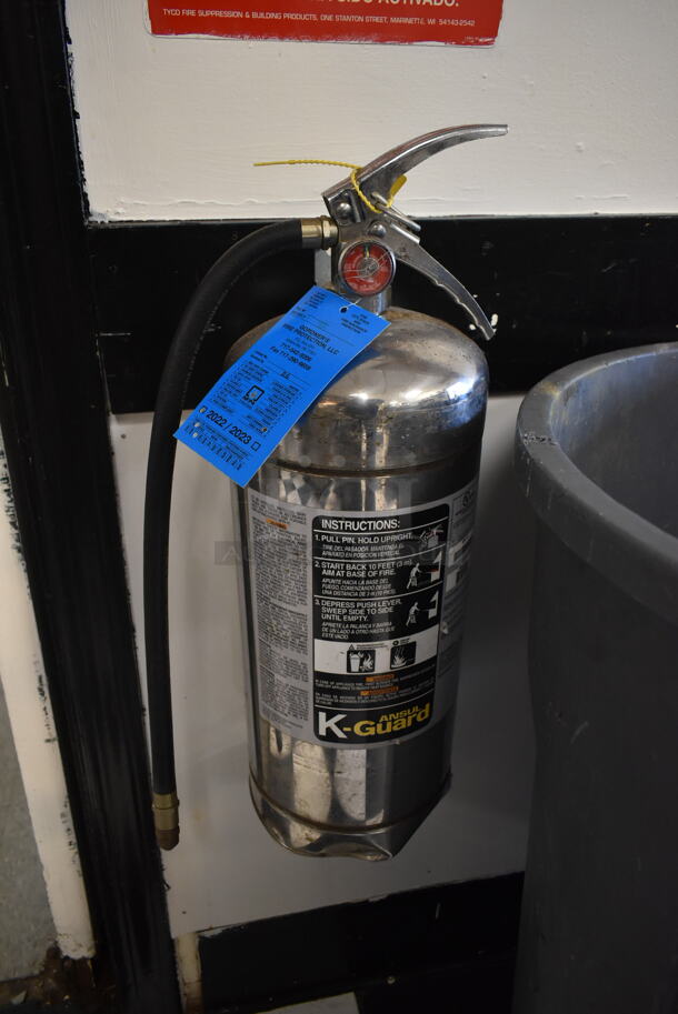 ALL ONE MONEY! Lot of 2 Gray Trash Cans, Blue and White Portable Cooler and Stepstool. Does Not Include Fire Extinguisher. (kitchen) - Image 2 of 9