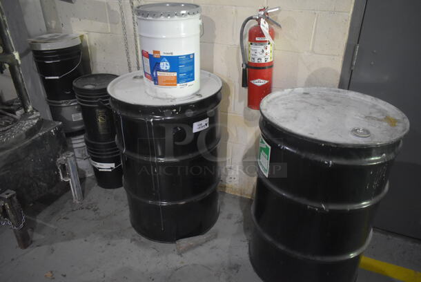 ALL ONE MONEY! Lot of Various 2 Barrels and 6 Buckets Including Aluminum Paste, Pro Guard White. BUYER MUST REMOVE. - Image 1 of 4