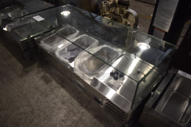 BRAND NEW SCRATCH AND DENT! 2023 KoolMore SCDC-3P-SSL Stainless Steel Commercial Countertop Refrigerated Rail w/ 3 Drop In Bins and Glass Sneeze Guard. 115 Volts, 1 Phase. Tested and Working! - Image 3 of 10