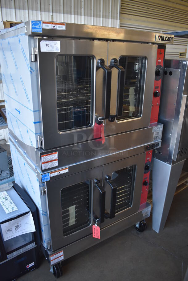 2 BRAND NEW SCRATCH AND DENT! LATE MODEL! Vulcan VC5GD-11D1Z Stainless Steel Commercial Natural Gas Powered Full Size Convection Oven w/ View Through Doors, Metal Oven Racks and Thermostatic Controls on Commercial Casters. 41x31x71. 2 Times Your Bid!