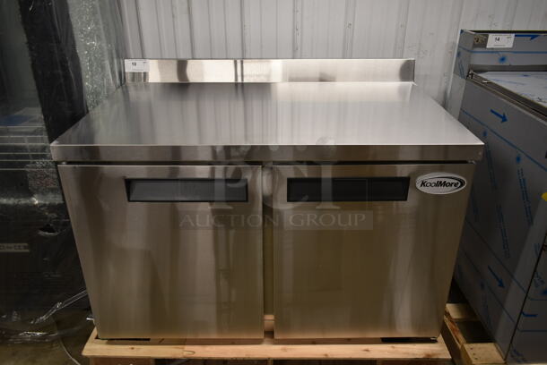 BRAND NEW SCRATCH AND DENT! 2023 KoolMore FWT-2D-12C Stainless Steel Commercial 2 Door Work Top Freezer w/ Back Splash. 115 Volts, 1 Phase. Tested and Working!