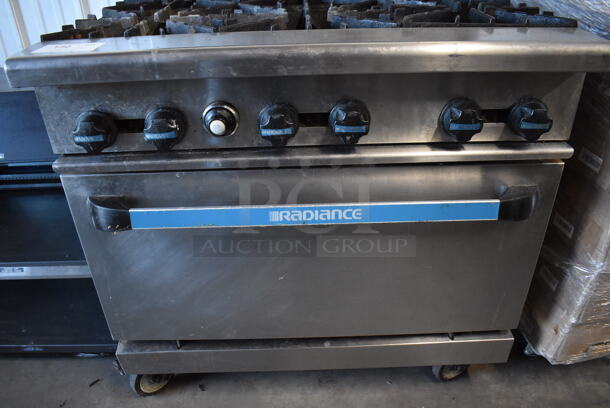 Radiance Stainless Steel Commercial Natural Gas Powered 6 Burner Range w/ Oven, Over Shelf and Back Splash on Commercial Casters. 36x33x57 - Image 4 of 6