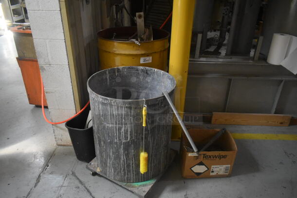 ALL ONE MONEY! Lot of Various Items Gray Barrel, Black Poly Trash Can and Metal Barrel of Various Parts. BUYER MUST REMOVE. - Image 1 of 6