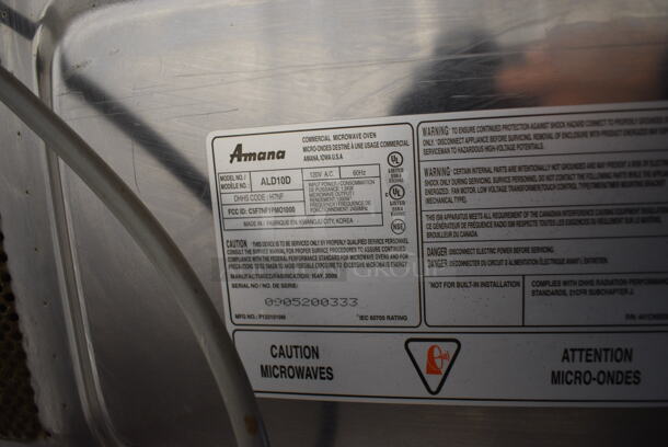 Amana Model ALD10D Stainless Steel Commercial Countertop Microwave Oven. 120 Volts, 1 Phase. 22x19x13.5 - Image 7 of 7