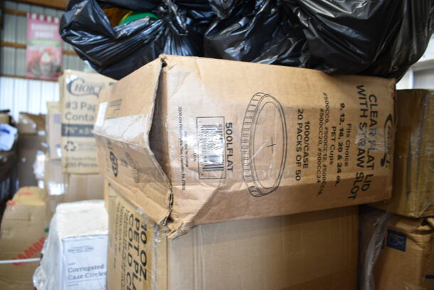 PALLET LOT of 25 BRAND NEW Boxes Including Choice Soup Containers, 3 Box Bare Solo Plastic Lids, LG8R Solo Lids, Dart 8SJ20 8 oz. Extra Squat White Customizable Foam Food Container - 1000/Case, 500CC10 Choice 10 oz. Clear PET Plastic Cold Cup - 1000/Case, 500LFLAT Choice Clear Flat Lid with Straw Slot - 9, 12, 16, 20, and 24 oz. - 1000/Case, 128HD32BULK ChoiceHD 32 oz. Microwavable Translucent Plastic Deli Container - 480/Case, 245CCGR8BL Baker's Lane 8" White Corrugated Grease-Resistant Cake Circle - 100/Case, 4558011390 24 oz. Transparent Assorted Jewel Color Heavy-Duty 1/2 Yarder with Lid and Straw - 33/Case, 2 Box 346BKTSNM Choice Medium Weight Black Wrapped Plastic Cutlery Set with Napkin - 250/Case, 612FHL1230 Foil Steam Table Pan Lid - Half Size, 395TO961 EcoChoice 9" x 6" x 3" Compostable Sugarcane / Bagasse 1 Compartment Take-Out Container - 200/Case, 2650811022K Cres Cor 0811 022 K Heater Kit, Moffat M000033 NEMA 6-50P Power Cord for USE32T5 and E32D5-2 Series, Kraft Food Trays. 25 Times Your Bid! - Image 6 of 12