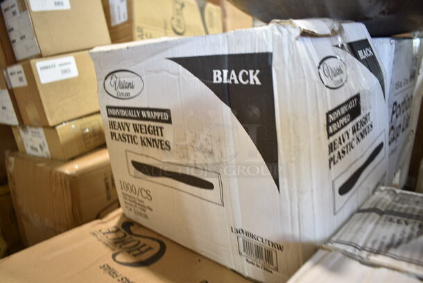 PALLET LOT of 27 BRAND NEW Boxes Including 500CC20 Choice Clear PET Customizable Plastic Cold Cup - 20 oz. - 600/Case, 130HBKCUTKW Visions Individually Wrapped Black Heavy Weight Plastic Knife - 1000/Case, 88534724 Town 34724 24" Hand Hammered Cantonese Wok, 3437RPBD6WHGD Visions 6" White Plastic Plate with Gold Bands - 150/Case, Inteplast Group PB10 3 1/2" x 10" Disposable Plastic Silverware Bag - 2000/Case, 128HD16COMBO ChoiceHD 16 oz. Microwavable Translucent Plastic Deli Container and Lid Combo Pack - 240/Case, 5001RT800B Lavex 8" White Hardwound Paper Towel, 800 Feet / Roll - 6/Case, 2 Box 433NHT101H Choice 1/6 Standard Size White "Thank You" Medium-Duty Plastic T-Shirt Bag - 1000/Case, 129MCS12W Choice 12 oz. White 6" x 4 3/4" x 1 3/4" Rectangular Microwavable Heavy Weight Container with Lid - 150/Case, 130IC10PCL Choice 10 lb. Clear Plastic Ice Bag with Ice Print - 1000/Case, 164CINDGRYAN Lancaster Table & Seating Industrial Chair with Antique Slate Gray Finish, 433MSLCPIE Choice 5" Clear Hinged Slice Container with Medium Dome Lid - 300/Case, 966TALLFLDN Choice Kraft Natural Tall-Fold 6" x 13" Dispenser Napkin - 8000/Case, 500CC20 Choice Clear PET Customizable Plastic Cold Cup - 20 oz. - 600/Case, 433CARRIER4 Choice Pulp Fiber 4 Cup Carrier - 300/Case, 760VP64KR Carnival King Kraft 64 oz. Popcorn Bucket - 360/Case, 127PL Choice Portion Cup Lids. 27 Times Your Bid! - Image 3 of 12